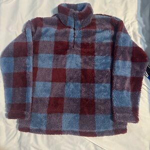 Eddie Bauer Burgundy and Blue Deep Pile Fleece 1/4 Zip NWT